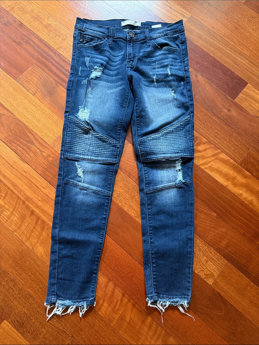 KanCan Juniors’ 5 Dark Blue Distressed Moto Skinny Jeans